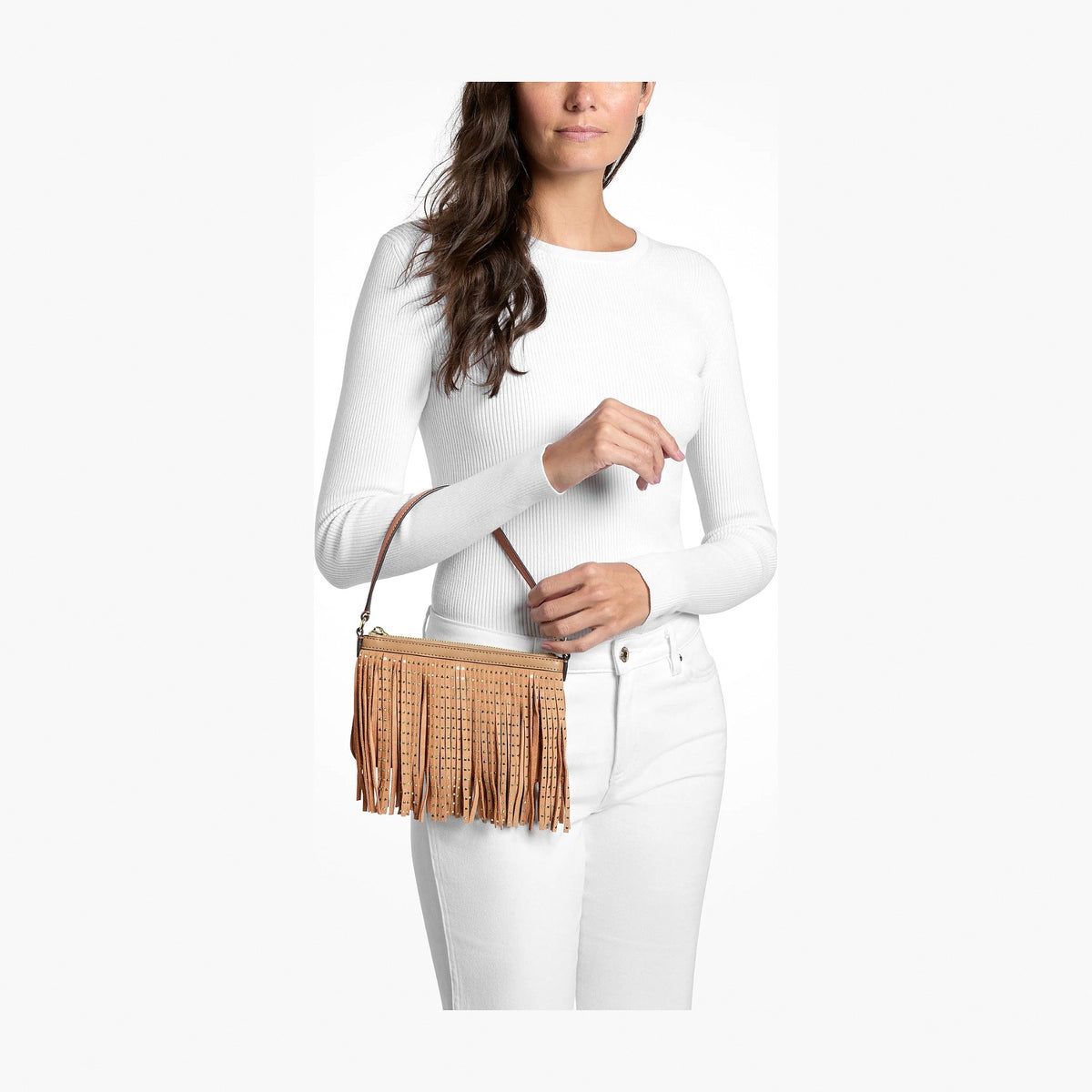 Michael Kors Studded Fringed Microsuede Wristlet - CAMEL