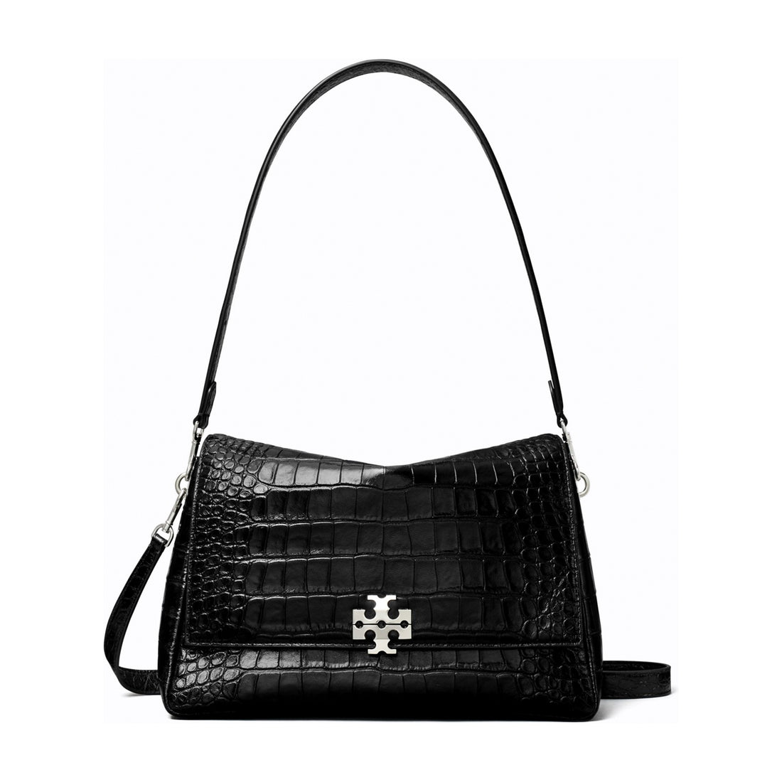 Tory Burch Charlie Croc-Embossed Shoulder Bag - Black