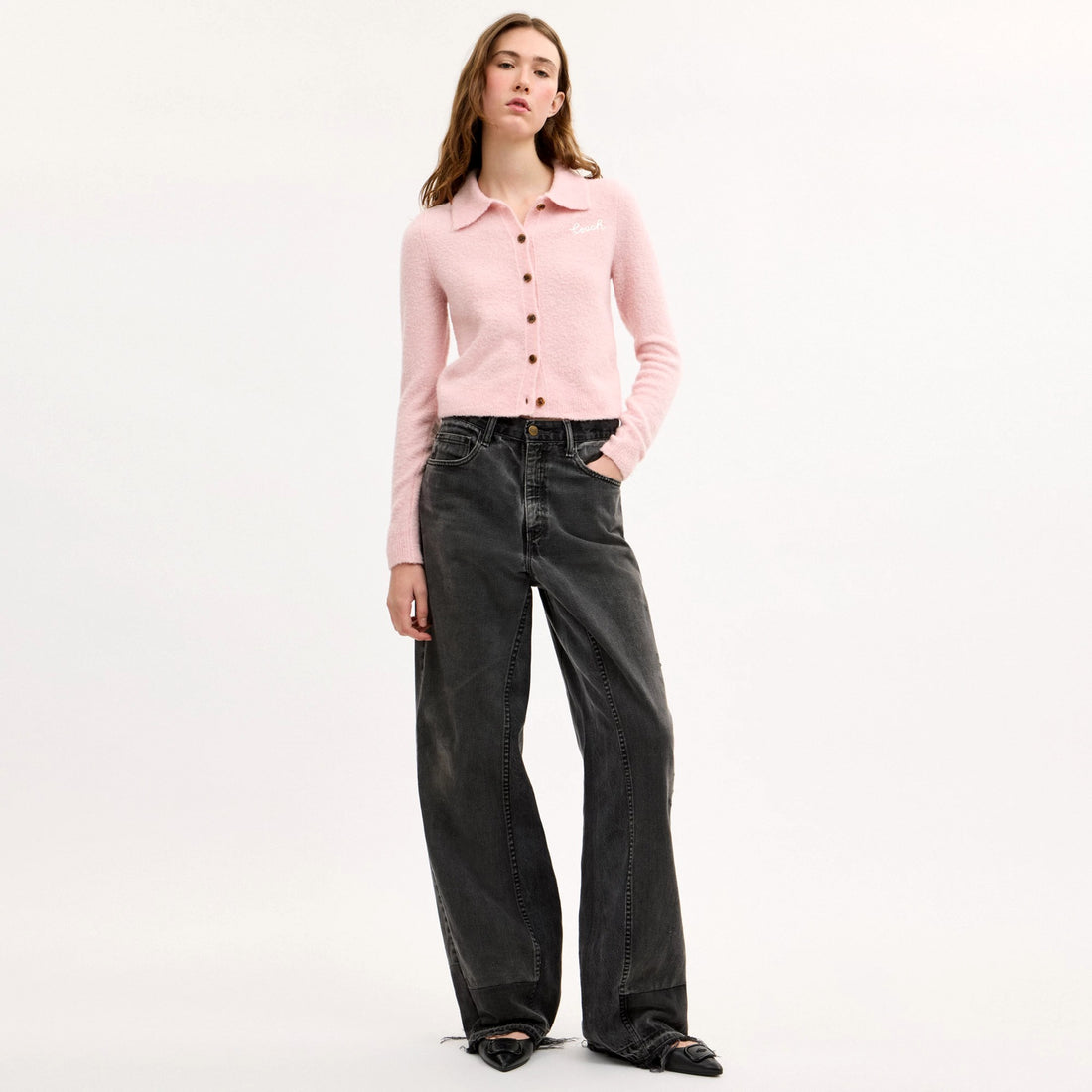 Coach Embroidered Cropped Cardigan - Light Pink