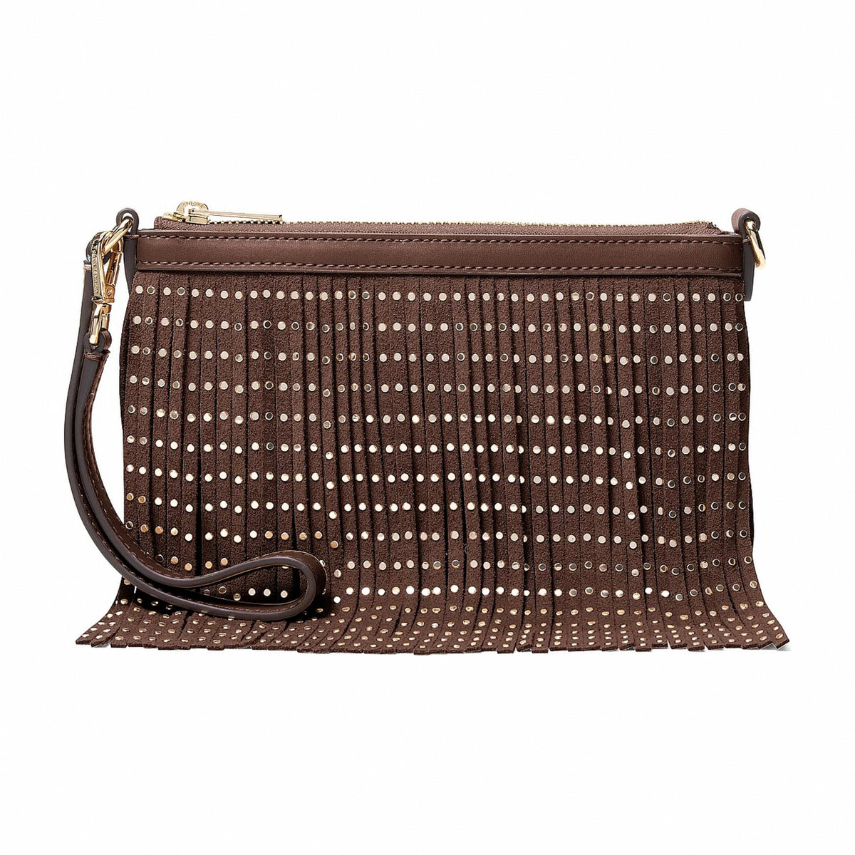 Michael Kors Studded Fringed Microsuede Wristlet - NUTMEG
