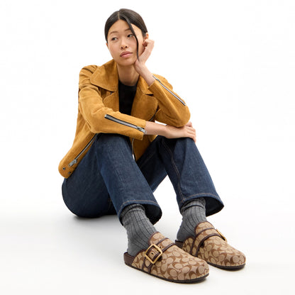 Coach Archival Buckle Clog With Signature Sateen Jacquard - Khaki/Maple