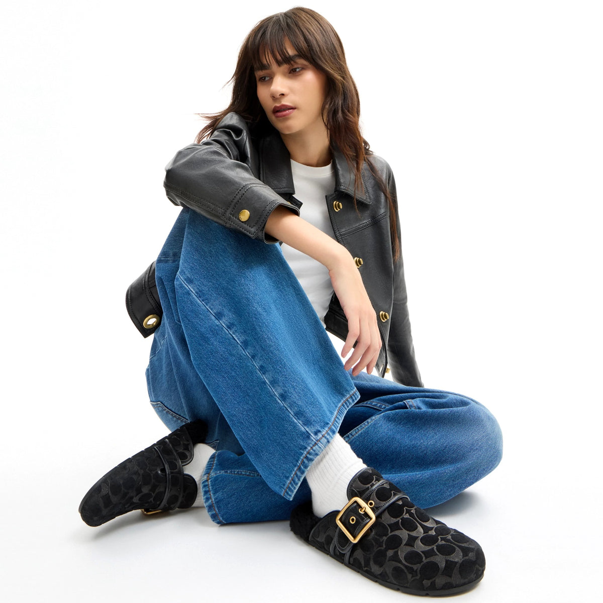 Coach Archival Buckle Clog With Signature Suede And Shearling - Black