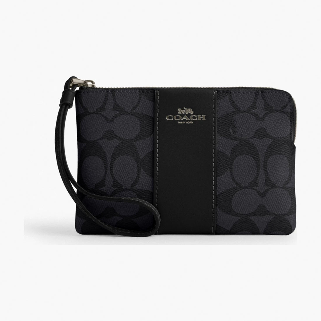 Coach Corner Zip Wristlet In Signature Canvas With Stripe - Gunmetal/Charcoal/Black
