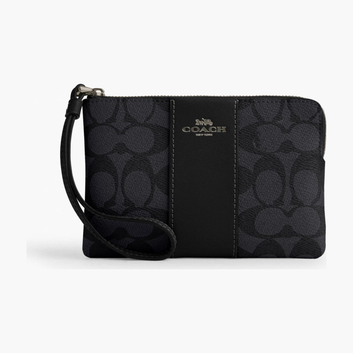 Coach Corner Zip Wristlet In Signature Canvas With Stripe - Gunmetal/Charcoal/Black