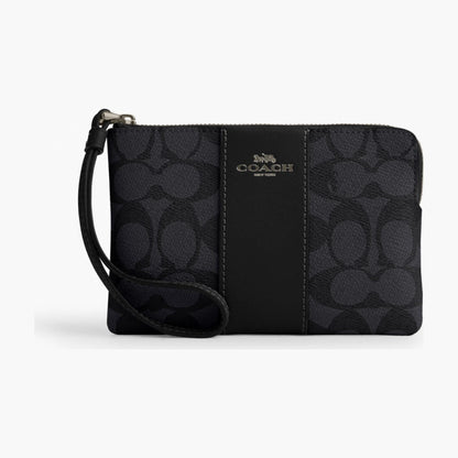 Coach Corner Zip Wristlet In Signature Canvas With Stripe - Gunmetal/Charcoal/Black