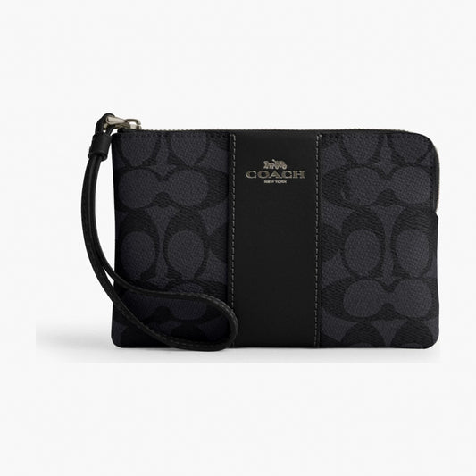Coach Corner Zip Wristlet In Signature Canvas With Stripe - Gunmetal/Charcoal/Black