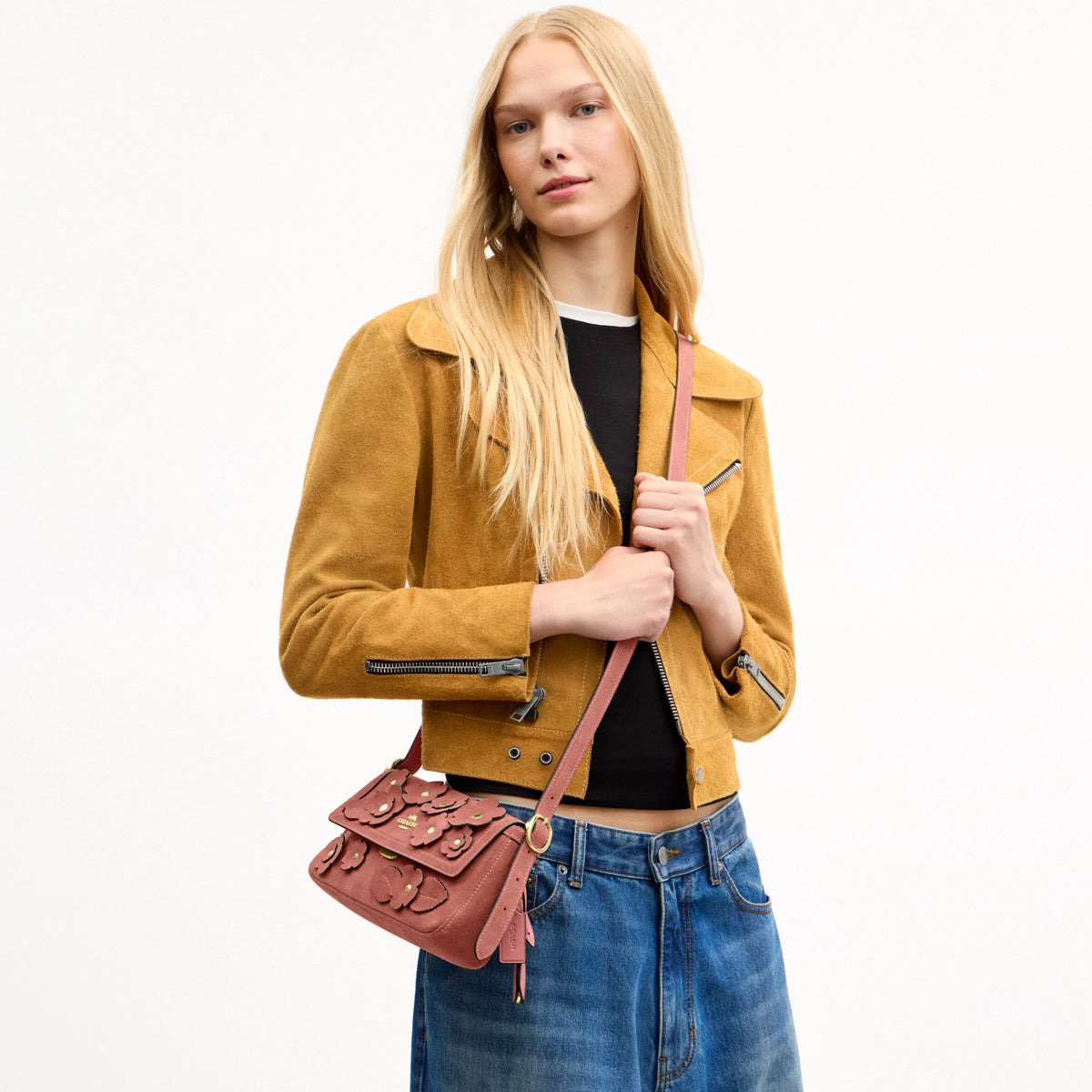 Coach Etta Small Flap Shoulder Bag With Floral Appliqué - Gold/Blush Pink