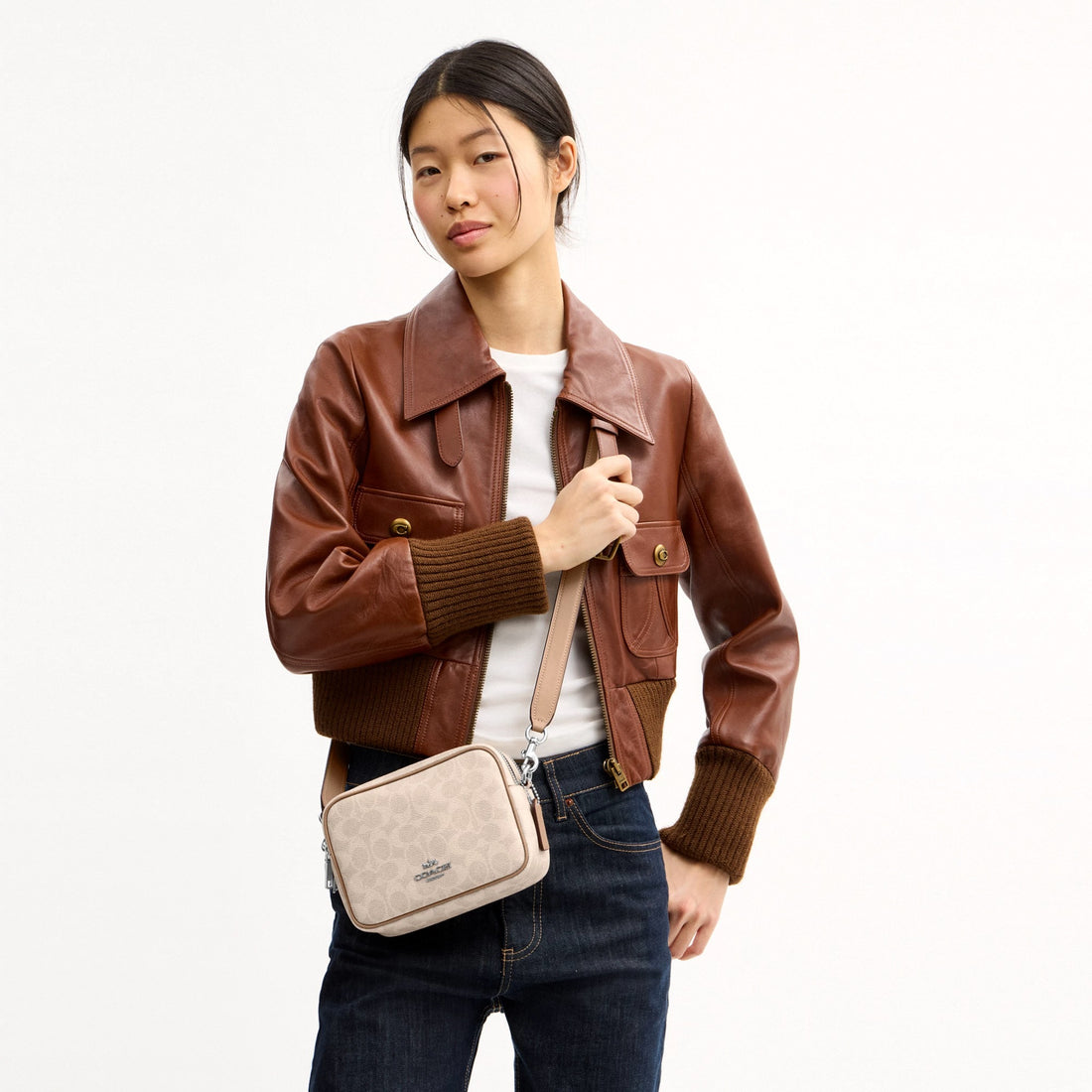 Coach Mini Carey Crossbody Bag In Signature Canvas - Silver/Sand/Taupe