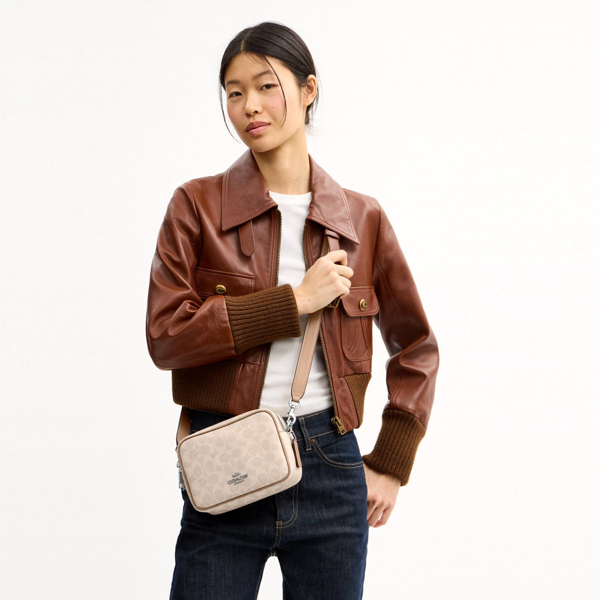Coach Mini Carey Crossbody Bag In Signature Canvas - Silver/Sand/Taupe