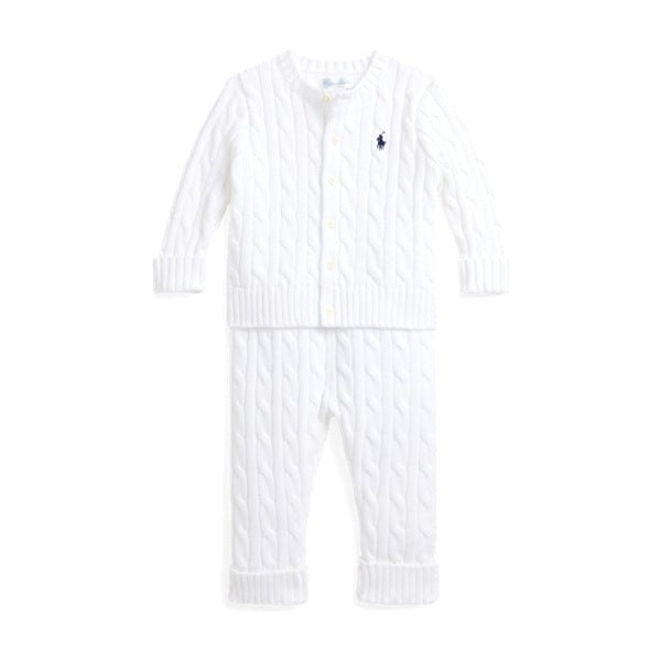 Baby Cable-Knit Cotton Cardigan & Pant - White