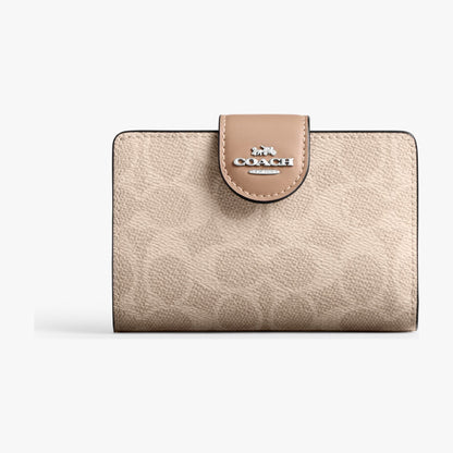 Coach Medium Corner Zip Wallet In Signature Canvas - Silver/Sand/Taupe