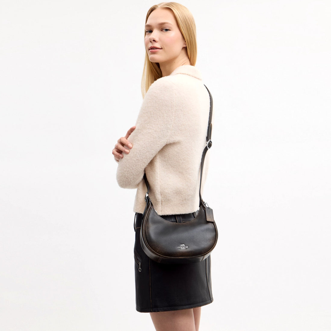 Coach Emily Shoulder Bag In Loved Leather - Silver/Black Brown