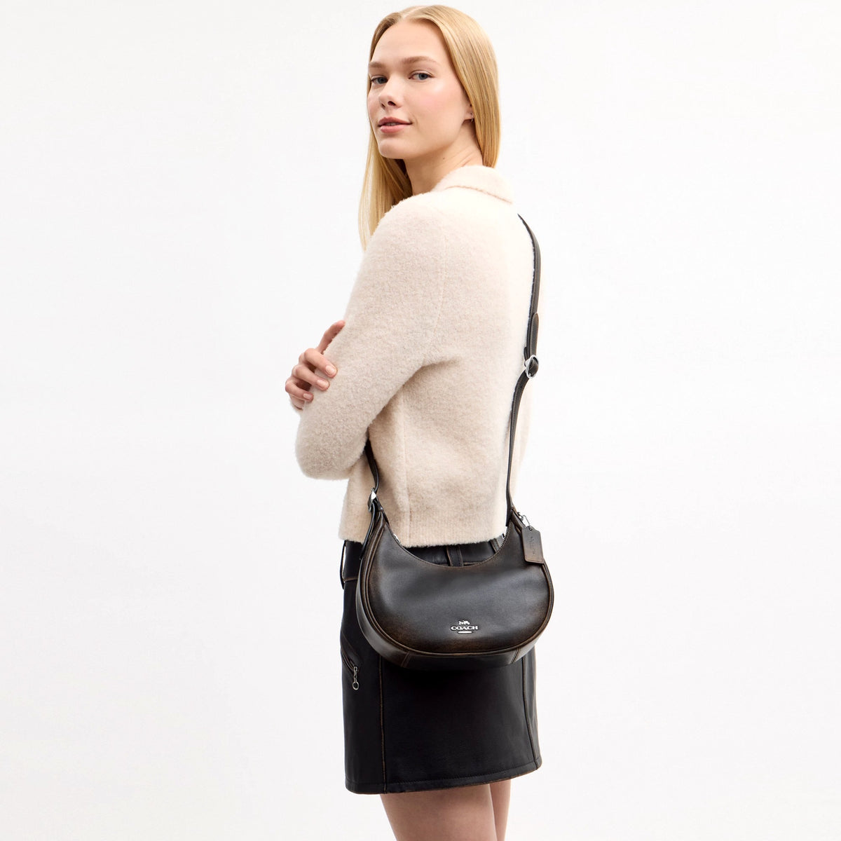 Coach Emily Shoulder Bag In Loved Leather - Silver/Black Brown