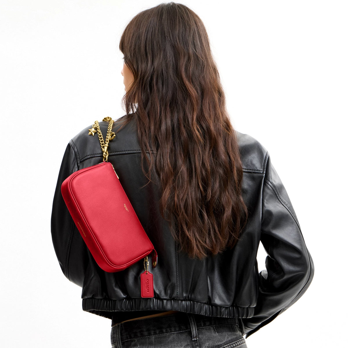Coach Plaza Bag With Charm Chain Strap - Brass/Scarlet