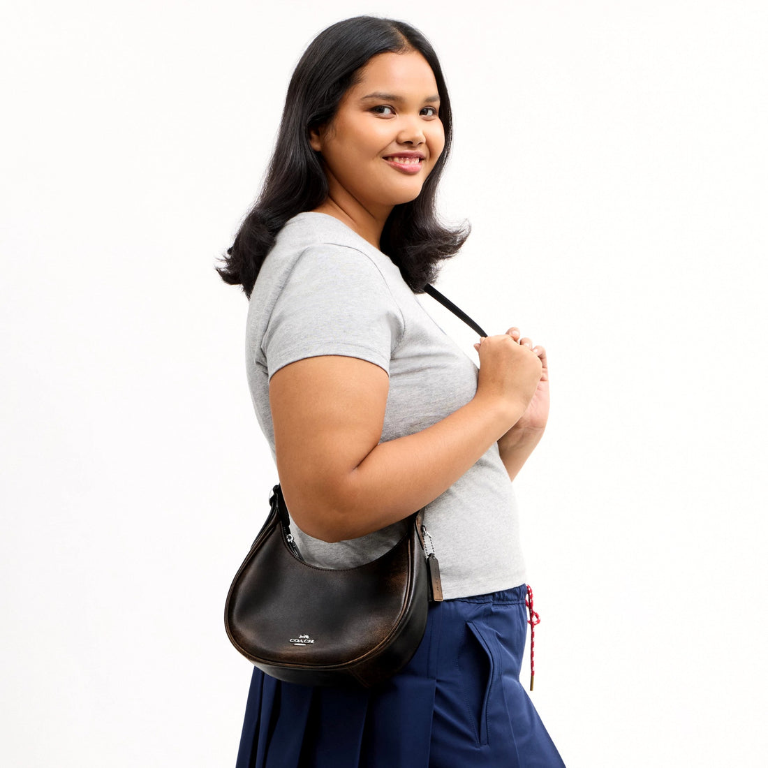Coach Emily Shoulder Bag In Loved Leather - Silver/Black Brown