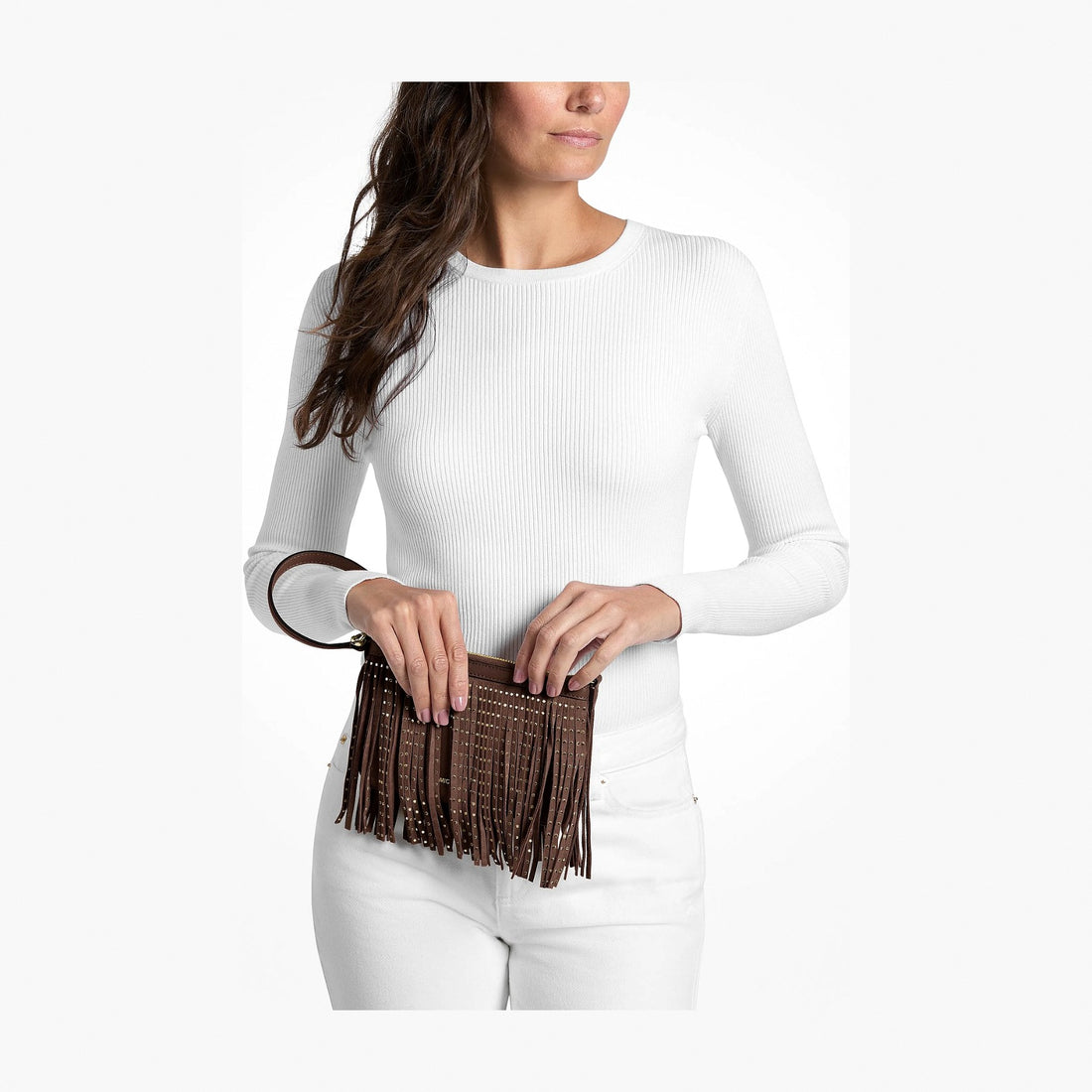 Michael Kors Studded Fringed Microsuede Wristlet - NUTMEG