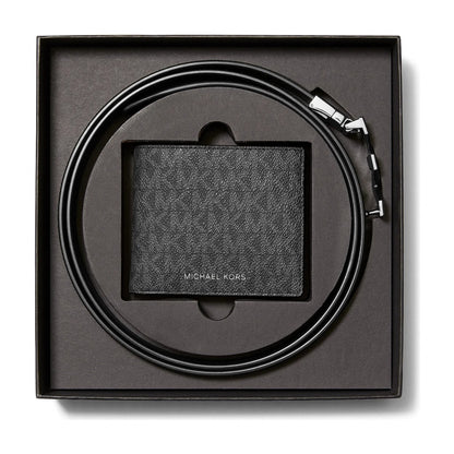 Michael Kors Signature Logo Wallet and Reversible Belt Gift Set - BLACK