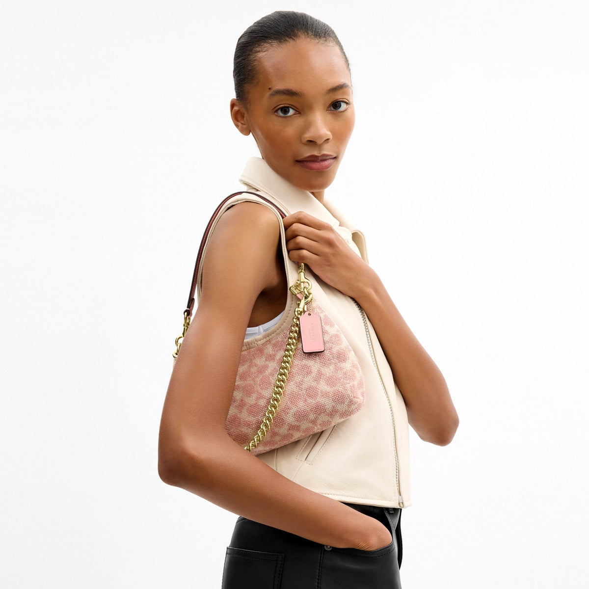 Coach Teri Shoulder Bag In Signature Beaded Satin - Gold/Pink
