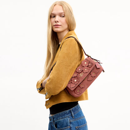 Coach Etta Small Flap Shoulder Bag With Floral Appliqué - Gold/Blush Pink
