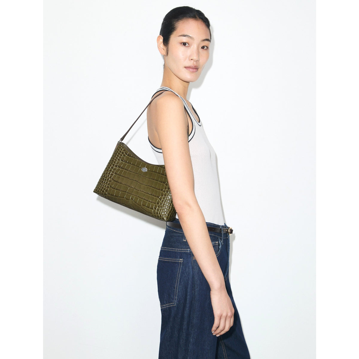 Tory Burch Small Robinson Croc-Embossed Shoulder Bag - Green Khaki