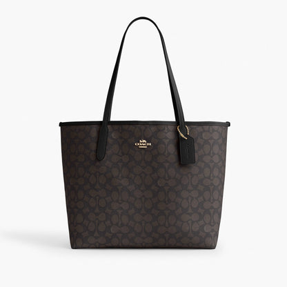 Coach City Tote Bag In Signature Canvas - Gold/Walnut/Black