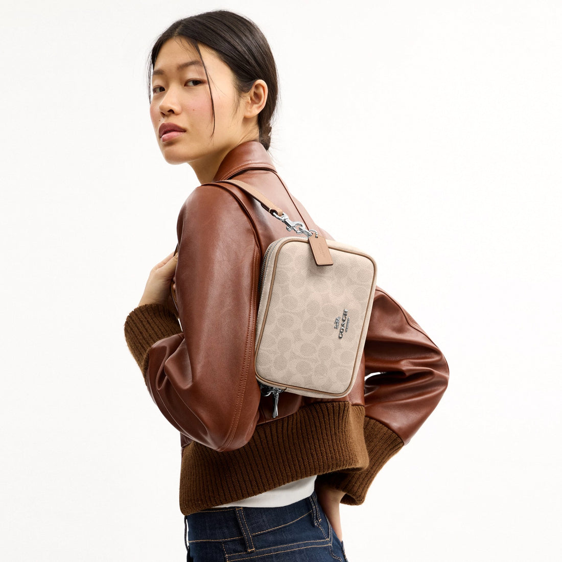 Coach Mini Carey Crossbody Bag In Signature Canvas - Silver/Sand/Taupe
