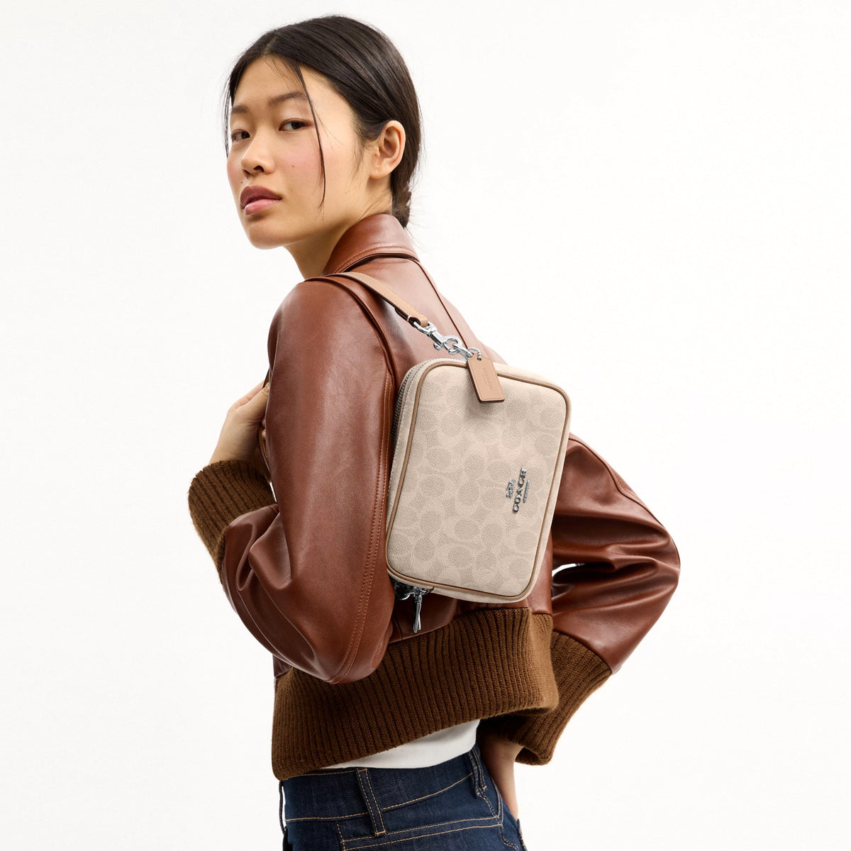 Coach Mini Carey Crossbody Bag In Signature Canvas - Silver/Sand/Taupe