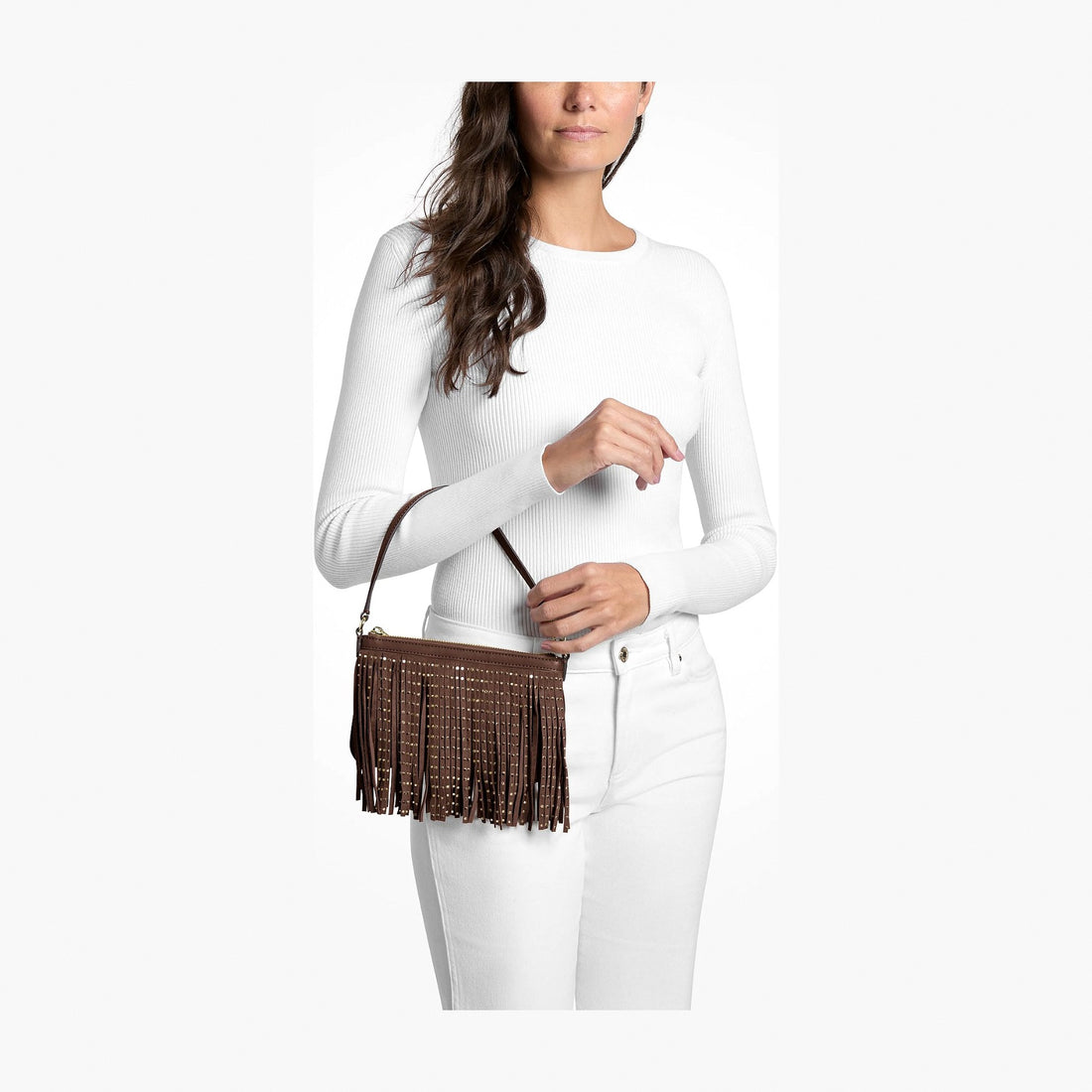 Michael Kors Studded Fringed Microsuede Wristlet - NUTMEG