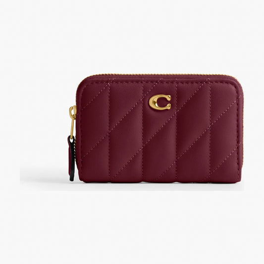 Coach Essential Small Zip Around Card Case With Pillow Quilting - Brass/Dark Cherry