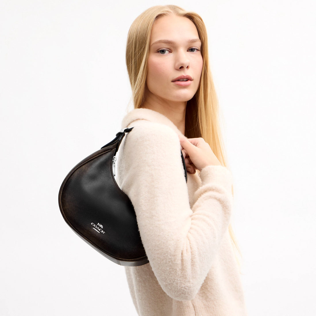 Coach Emily Shoulder Bag In Loved Leather - Silver/Black Brown
