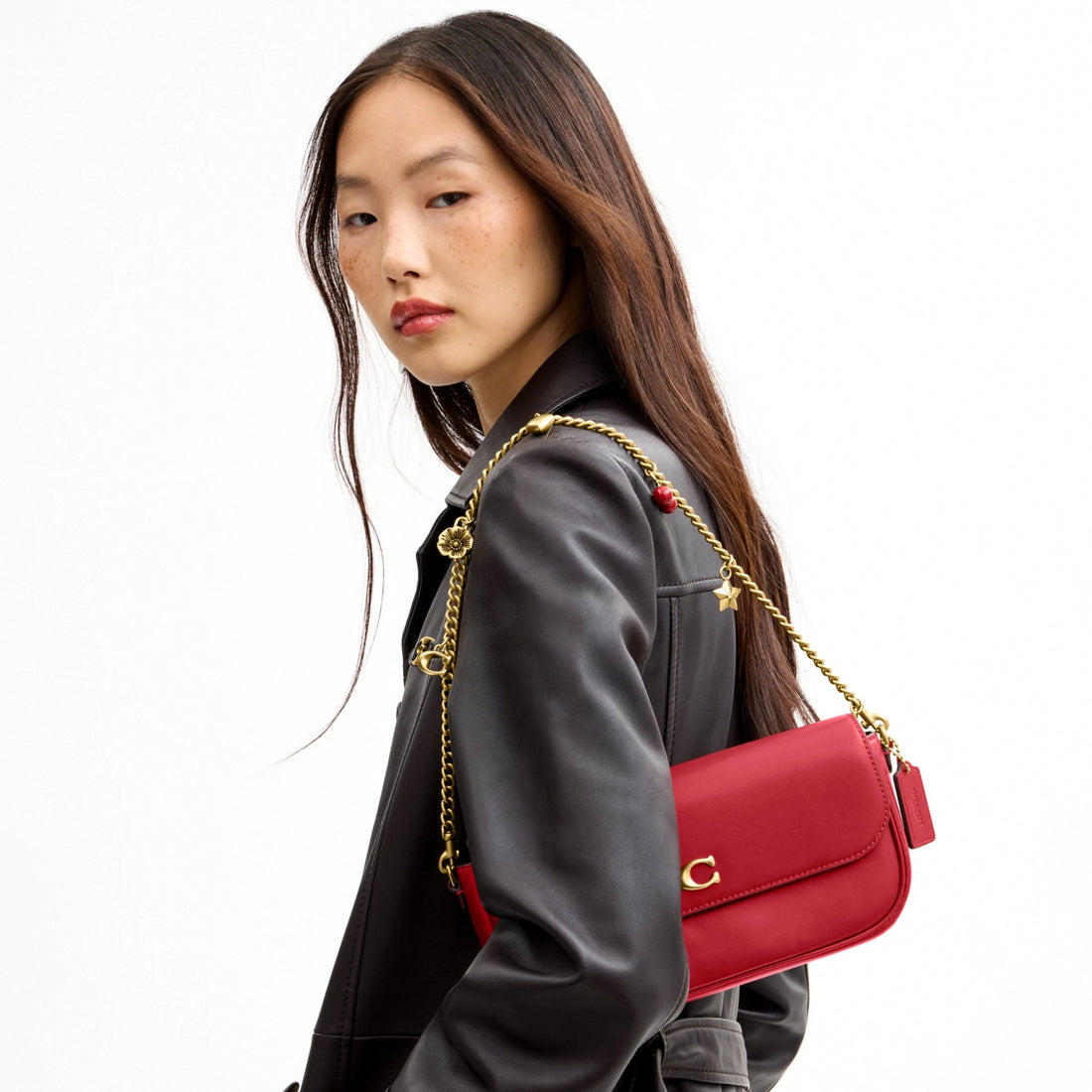 Coach Brook Flap Chain Bag With Charm Chain Strap - Brass/Poppy