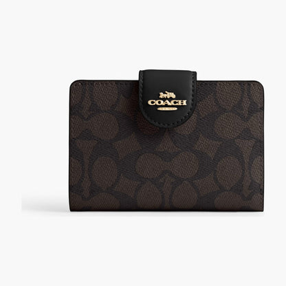 Coach Medium Corner Zip Wallet In Signature Canvas - Gold/Walnut/Black