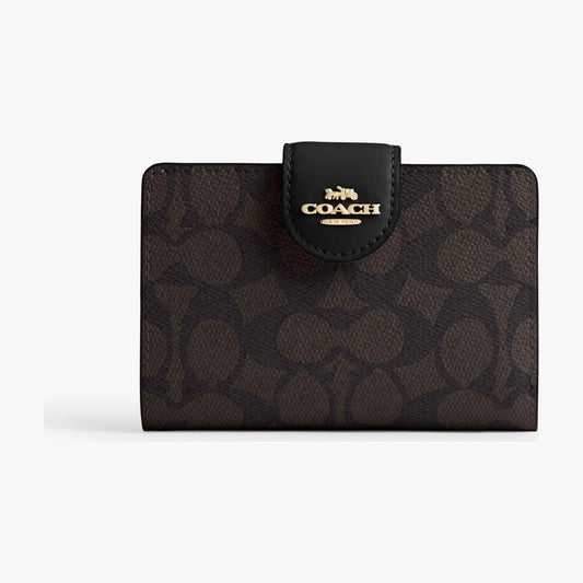 Coach Medium Corner Zip Wallet In Signature Canvas - Gold/Walnut/Black