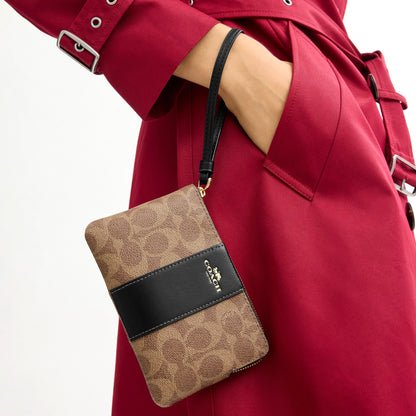 Coach Corner Zip Wristlet In Signature Canvas With Stripe - Gold/Tan/Black