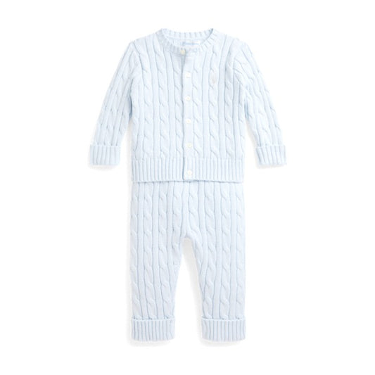 Baby Cable-Knit Cotton Cardigan & Pant - Pearl Blue