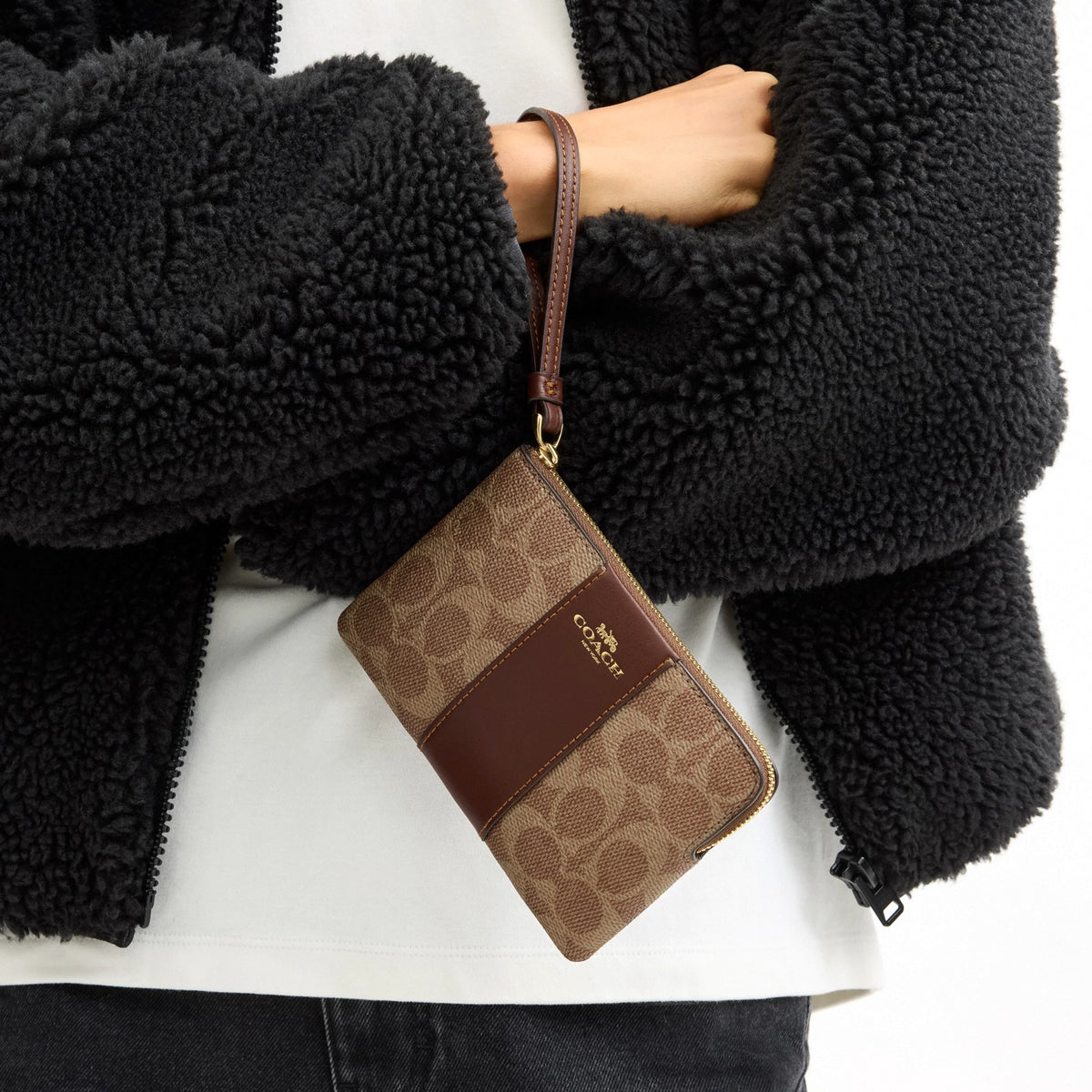 Coach Corner Zip Wristlet In Signature Canvas With Stripe - Gold/Tan/Brown