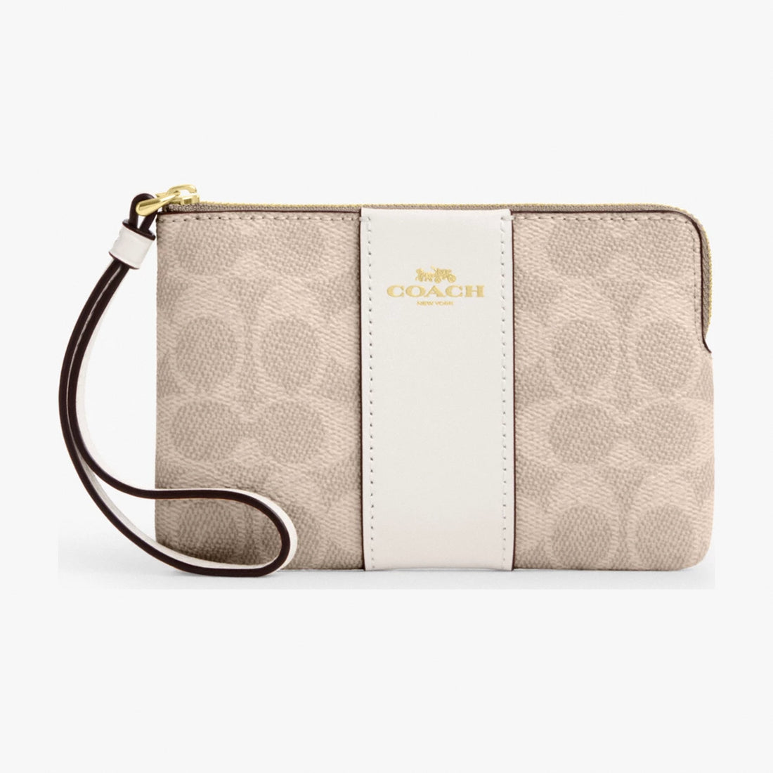 Coach Corner Zip Wristlet In Signature Canvas With Stripe - Gold/Sand/Chalk