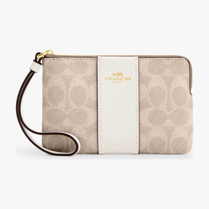 Coach Corner Zip Wristlet In Signature Canvas With Stripe - Gold/Sand/Chalk