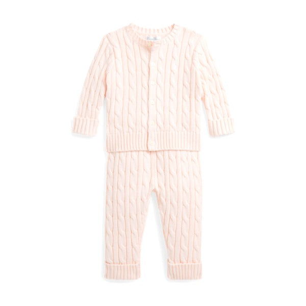 Baby Cable-Knit Cotton Cardigan & Pant - Morning Pink