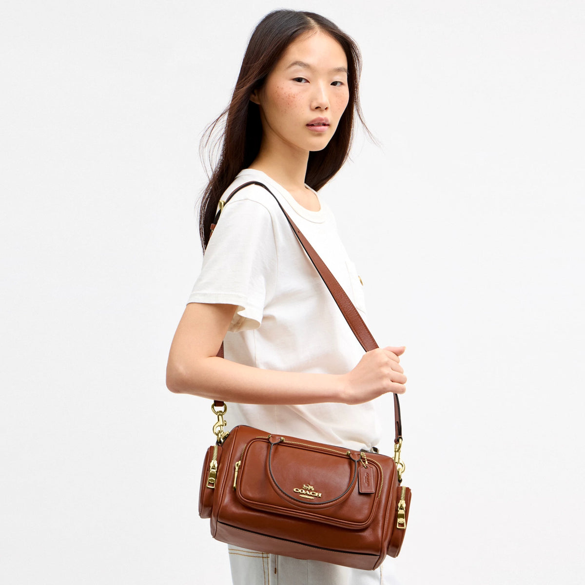 Coach Rowan Satchel Bag With Pockets - Gold/Cinnamon