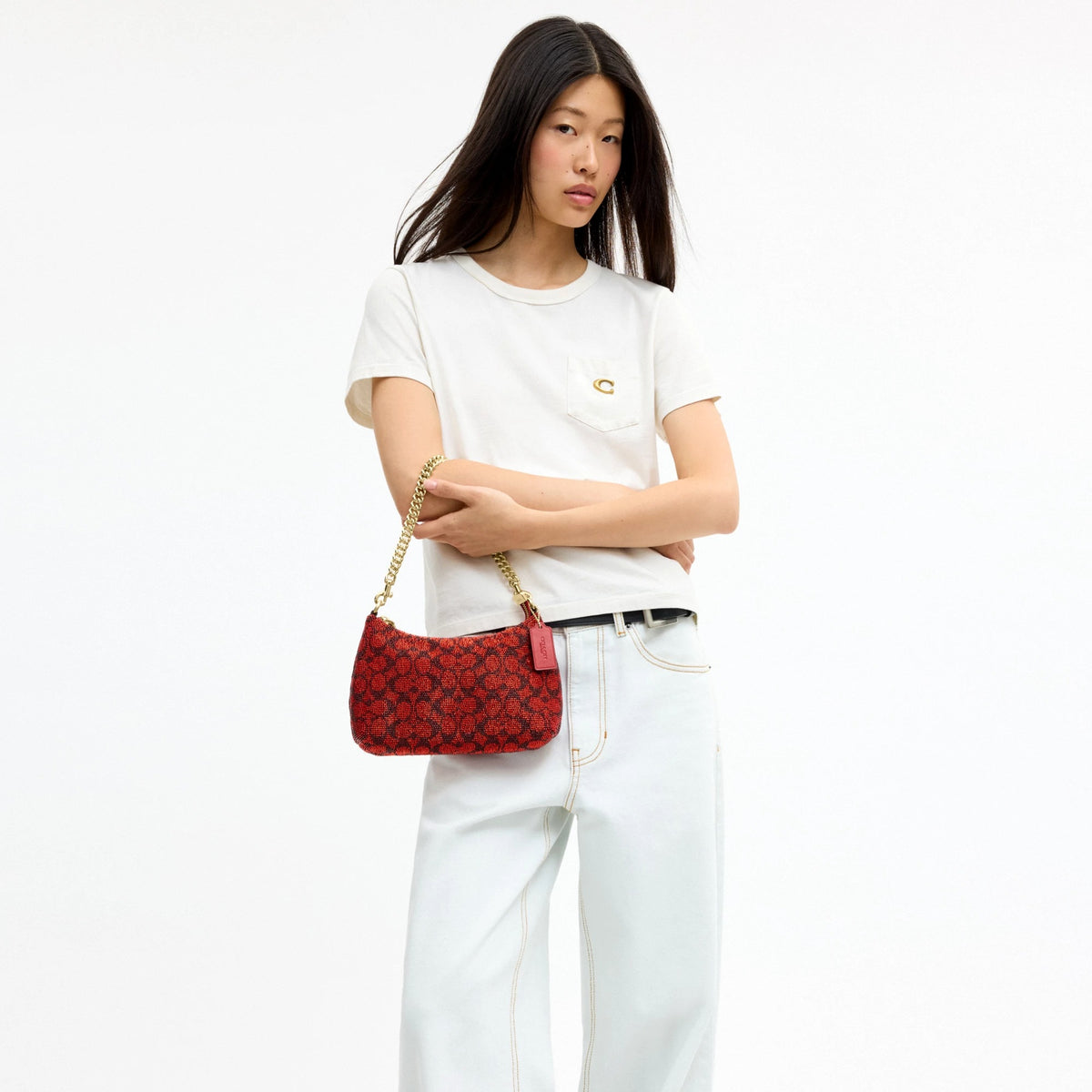 Coach Teri Shoulder Bag In Signature Beaded Satin - Gold/Crimson