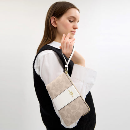 Coach Corner Zip Wristlet In Signature Canvas With Stripe - Gold/Sand/Chalk