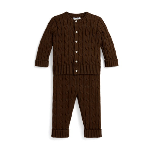 Baby Cable-Knit Cotton Cardigan & Pant - Chocolate Mousse