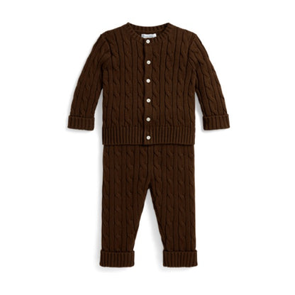 Baby Cable-Knit Cotton Cardigan & Pant - Chocolate Mousse