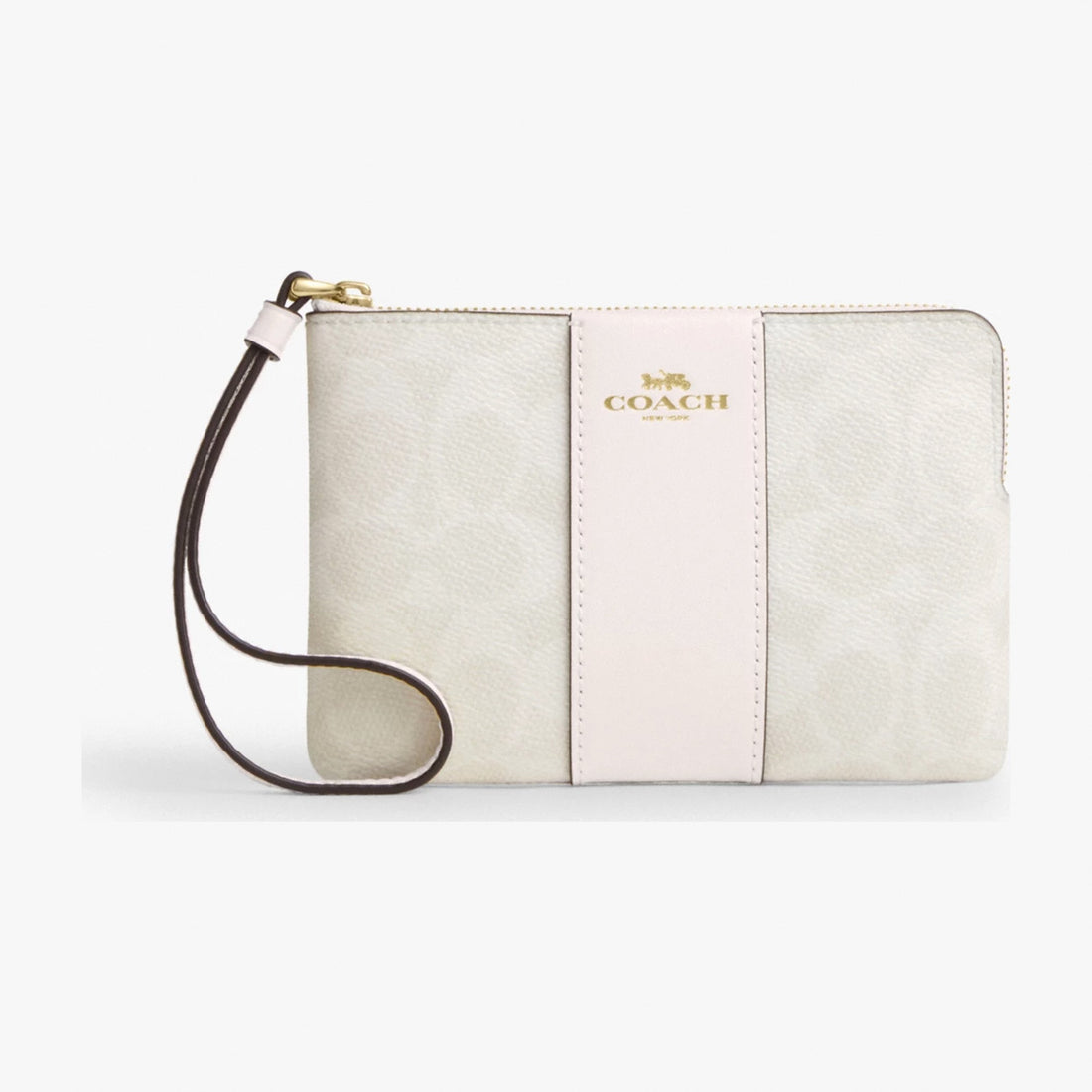 Coach Corner Zip Wristlet In Signature Canvas With Stripe - Gold/White/Chalk