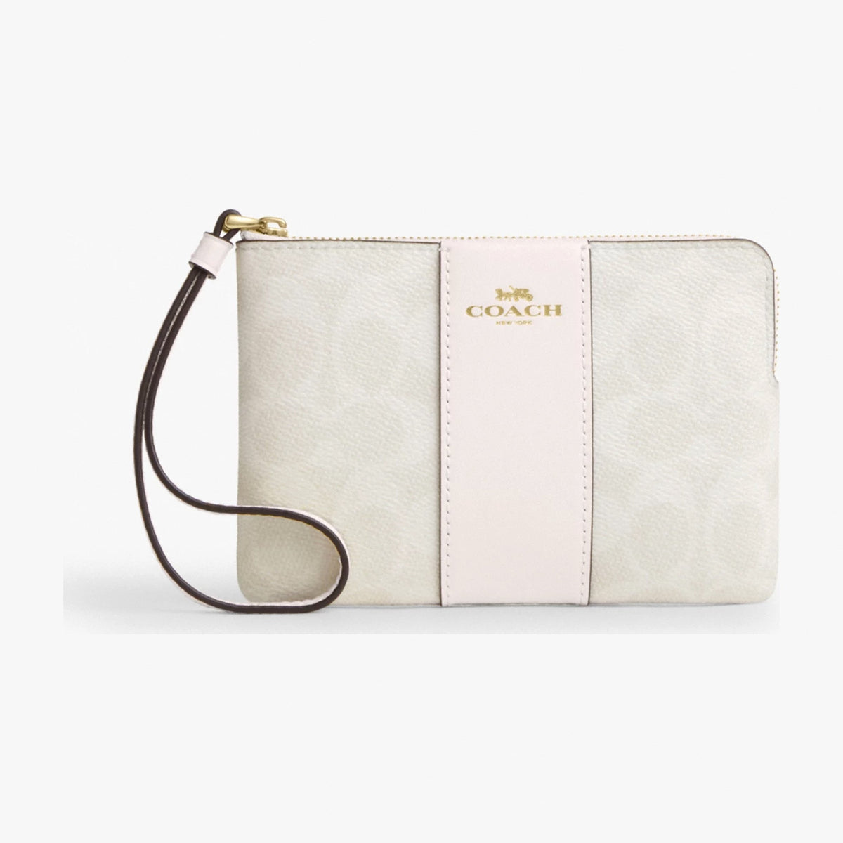 Coach Corner Zip Wristlet In Signature Canvas With Stripe - Gold/White/Chalk