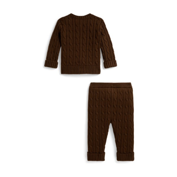 Baby Cable-Knit Cotton Cardigan & Pant - Chocolate Mousse