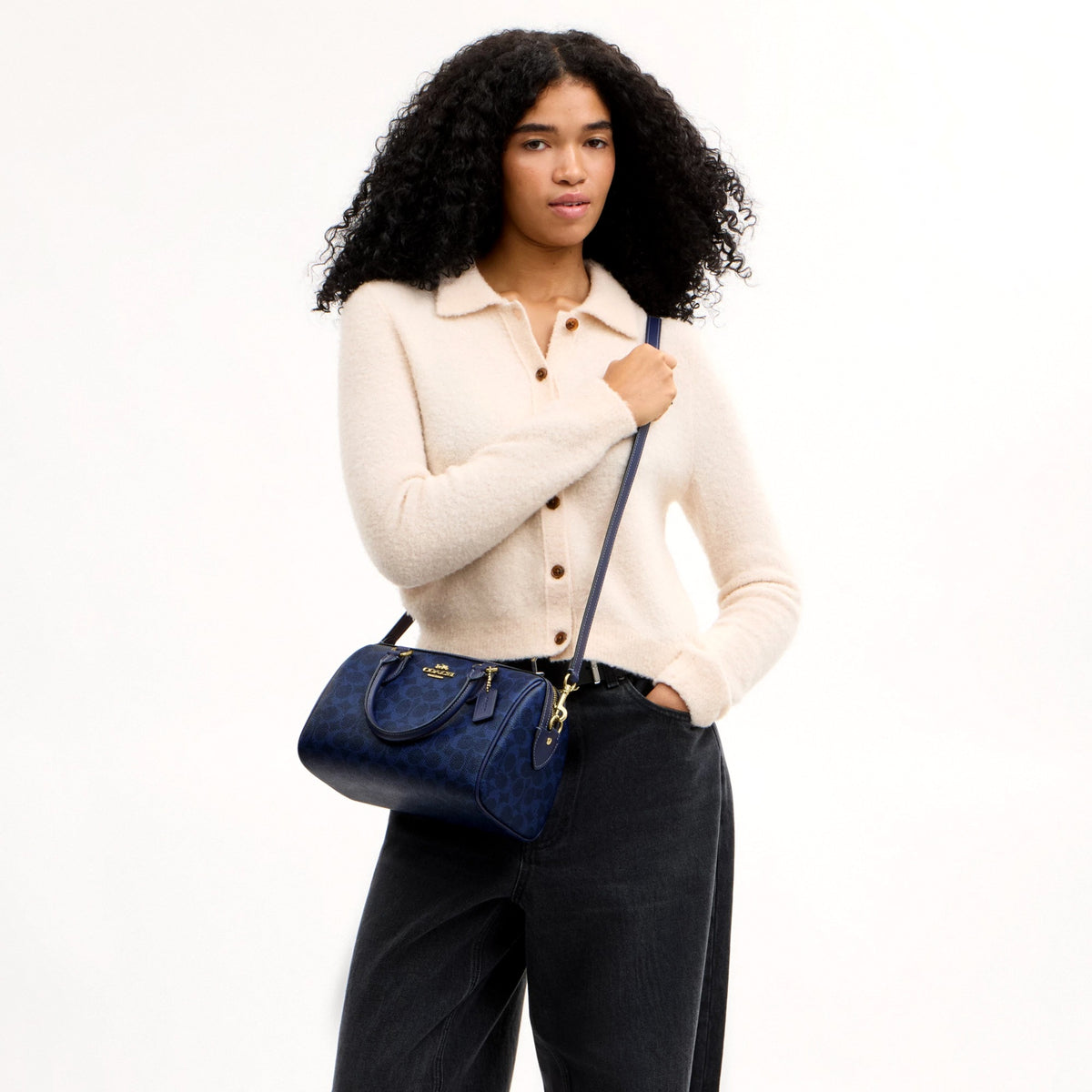 Coach Rowan Satchel Bag In Signature Canvas - Gold/Navy