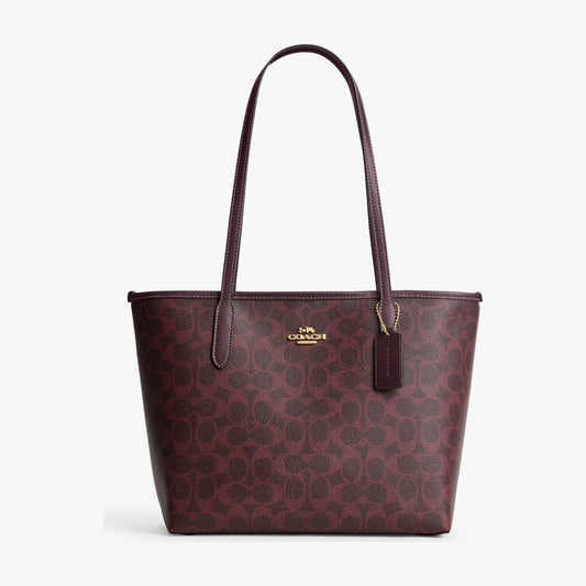 Coach Medium City Tote Bag In Signature Canvas - Gold/Black Currant