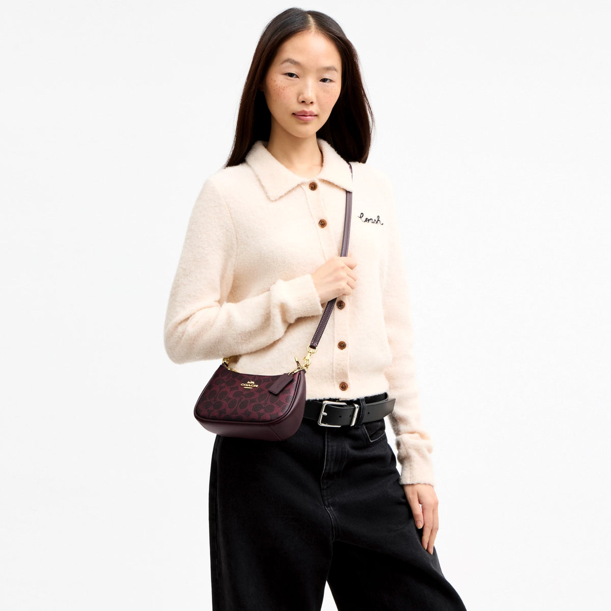 Coach Teri Mini Crossbody Bag In Signature Canvas - Gold/Black Currant
